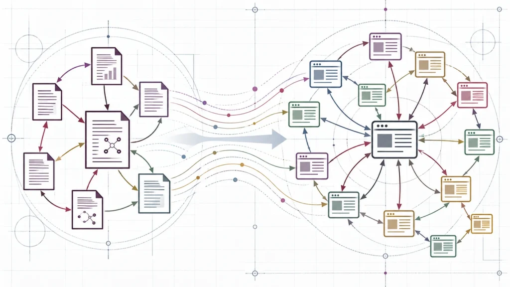 Documenti scientifici collegati da citazioni che si trasformano in un grafo di pagine Web.