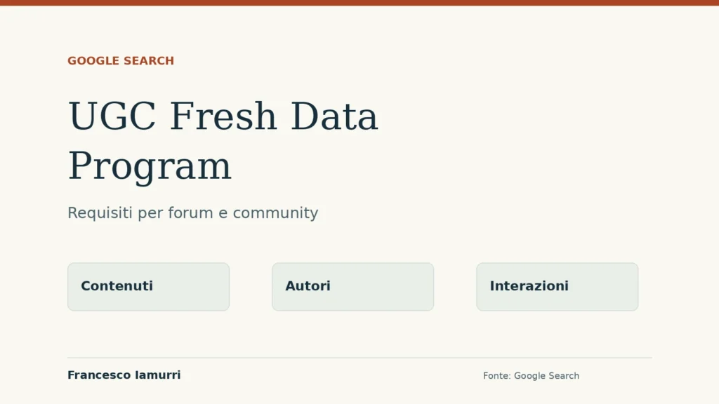 UGC Fresh Data Program di Google: contenuti, autori e interazioni per forum e community.
