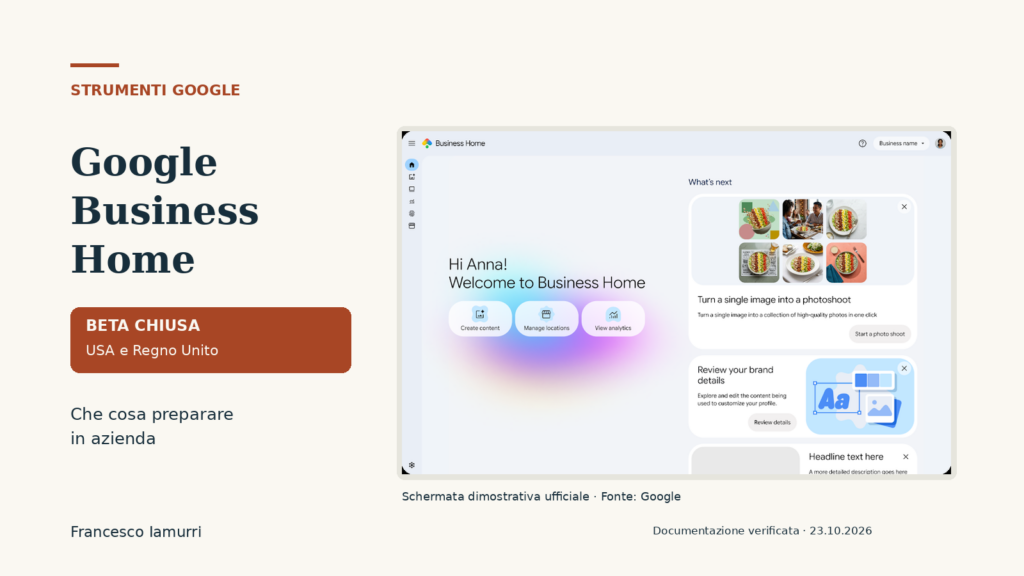 Schermata dimostrativa ufficiale di Google Business Home, con etichetta beta chiusa per Stati Uniti e Regno Unito.