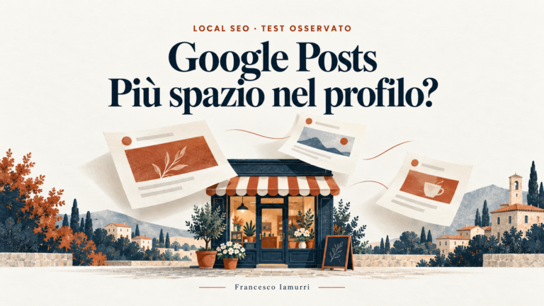 Illustrazione editoriale di un negozio con schede di aggiornamento e titolo Google Posts: più spazio nel profilo? Test osservato.