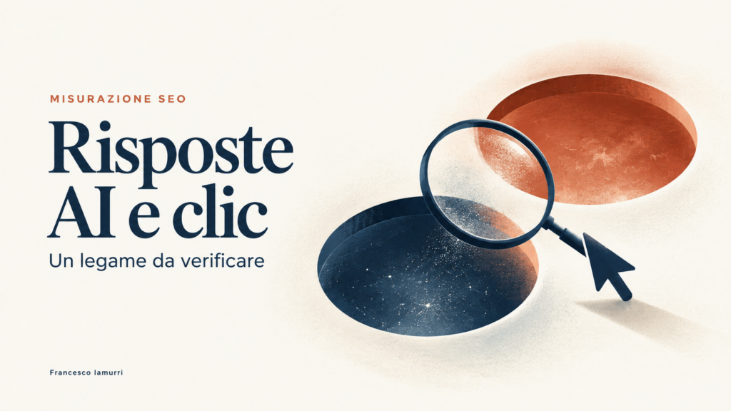 Illustrazione editoriale sul rapporto da verificare fra presenza nelle risposte AI di Google e clic organici.
