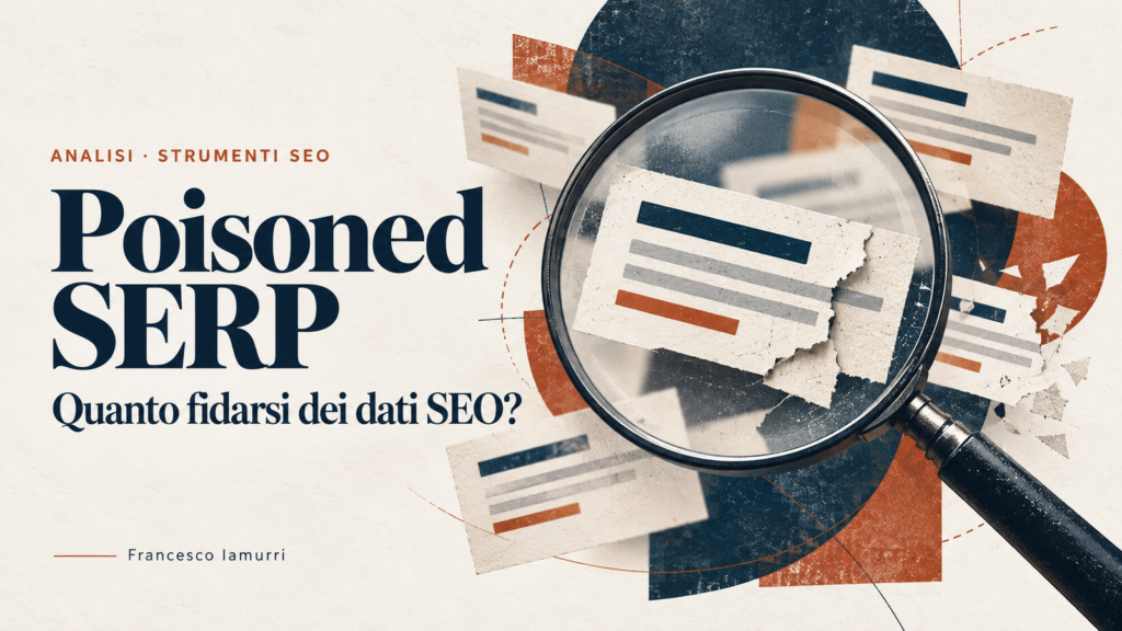 Illustrazione editoriale di una lente su schede di risultati frammentate, con titolo Poisoned SERP: quanto fidarsi dei dati SEO?