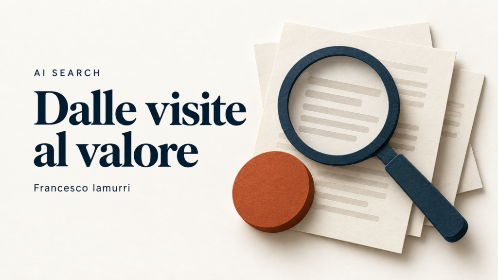 Illustrazione editoriale con documenti, una lente e un elemento terracotta, dedicata alla misurazione del traffico AI e del valore commerciale.