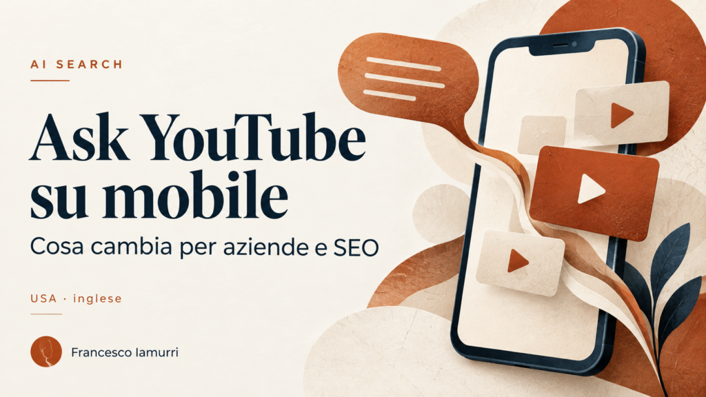 Ask YouTube su mobile: cosa cambia per aziende e SEO. Illustrazione editoriale; disponibilità negli USA in inglese.