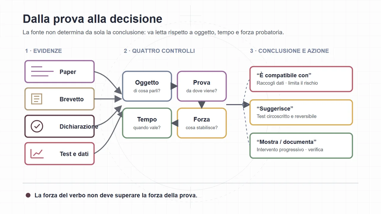 Paper, brevetti, dichiarazioni e dati passano attraverso quattro controlli prima di sostenere un linguaggio e una decisione proporzionati.